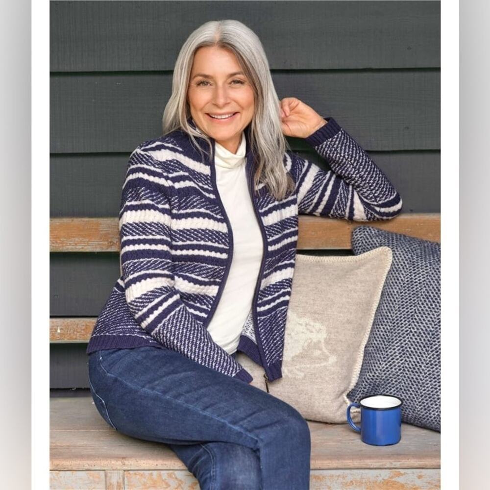 Woolovers Textured Stripe Zip Cardigan 100% Lambswool Size Small